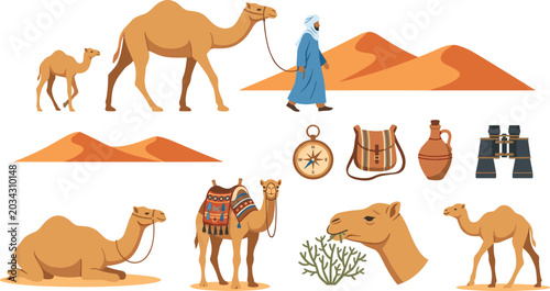 Bild auf Leinwand Camel Desert and Nomadic Travel Vector Collection Featuring Arabian Camels, Sand