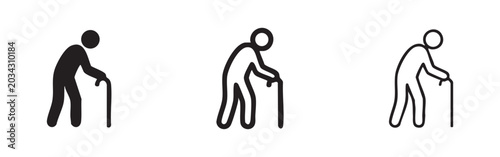 Set of three elderly person with a cane icons in solid, outline, and hand-drawn styles, representing seniors and aging.