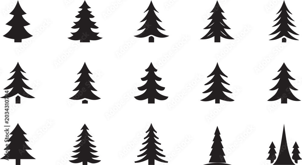 Obraz premium Evergreen Pine Symbols Forest Nature Tree Icon Set Silhouette Vector Illustration