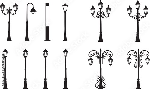 Φωτογραφία Vintage Street Lamp and Decorative Lamp Post Silhouette Collection with Classic