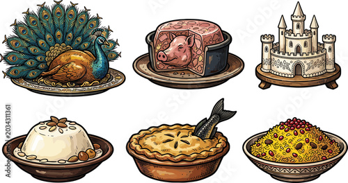 Bild auf Leinwand Medieval Royal Banquet and Feast Food Vector Icon Set Featuring Roast Peacock, P