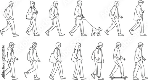Black and White Line Art Walking People Set with Men Women Dog Walker and Skateboarder Urban Character Collection