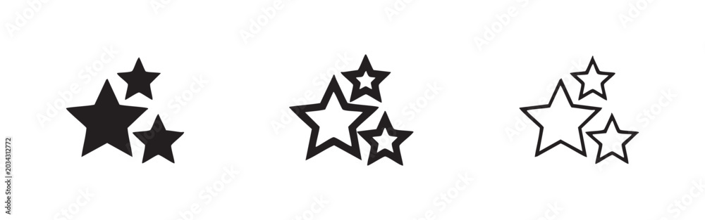 Obraz premium Three star cluster icons: solid black, outlined with thick lines, and outlined with thin lines.