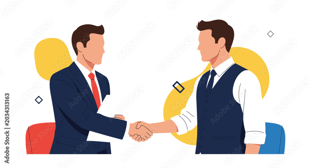 Fototapeta premium Two professional businessmen in formal attire shaking hands to seal a deal or agreement in a corporate office setting.