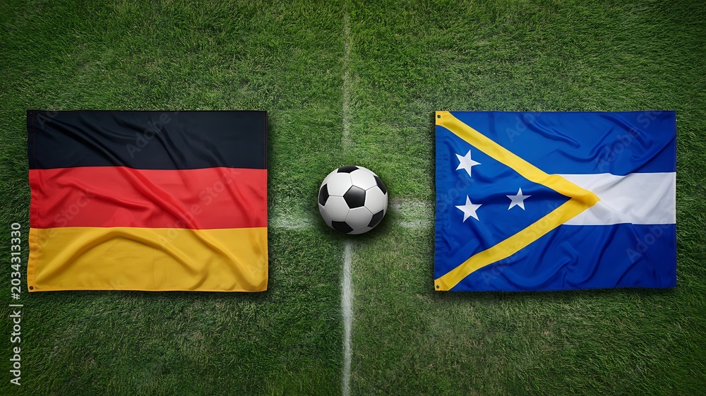 Fototapeta premium Germany and Solomon Islands flags on a soccer field with a football, representing a match