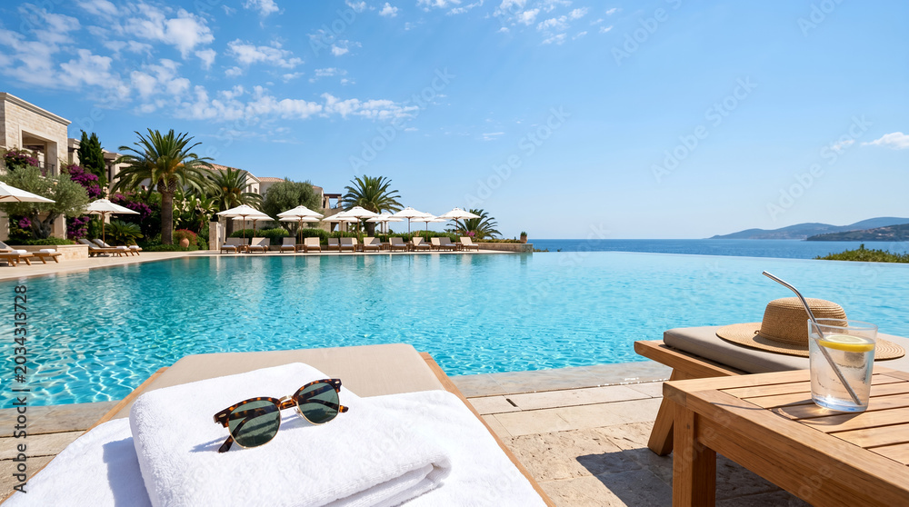 Fototapeta premium Luxury poolside relaxation with sunglasses and drink in summer 