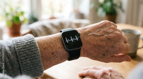 Elderly person wearing smartwatch with EKG heart monitor screen. Senior checking pulse and vital sign data. Digital health technology, wearable medical device for cardiology monitoring.