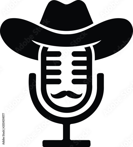 A stylized illustration of a cowboy hat positioned atop a vintage microphone with a prominent mustache creating a unique and memorable graphic icon
