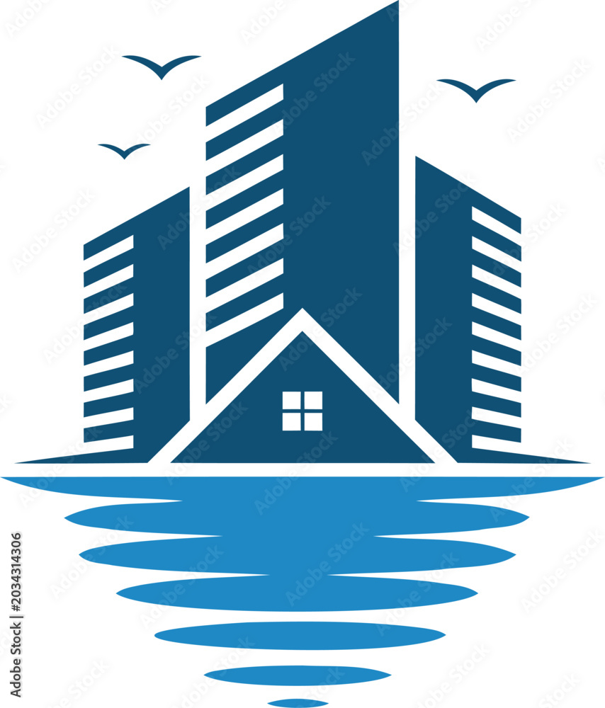 Obraz premium Modern abstract logo design featuring stylized blue buildings reflecting in stylized blue water with birds flying overhead