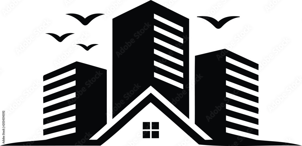 Fototapeta premium Stylized modern city skyline with geometric buildings and flying birds representing urban life and freedom
