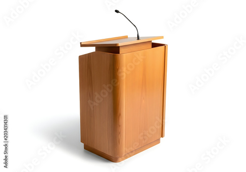 Wooden podium with microphone for public speaking
