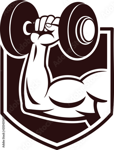 Foto Strong muscular arm lifting a heavy dumbbell weight inside a shield emblem repre