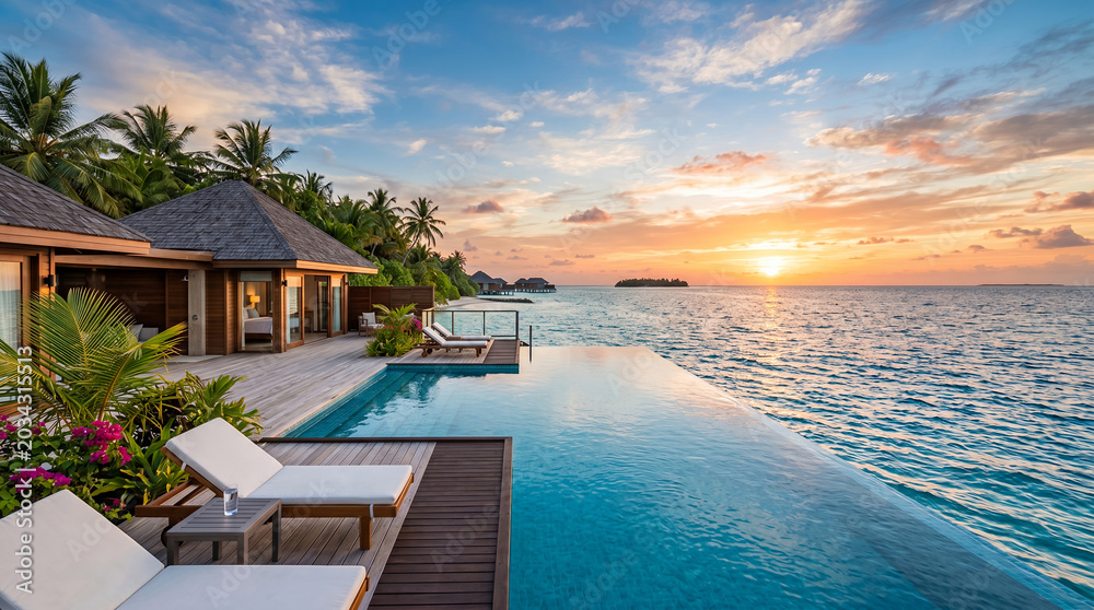 Fototapeta premium Luxury villa with infinity pool overlooking ocean at sunset 