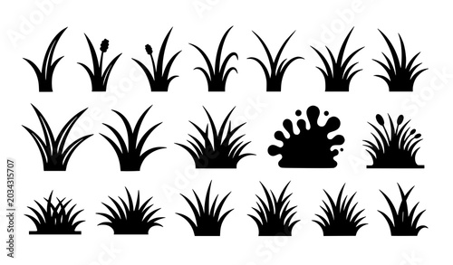 Cuadro en lienzo Grass icon vector set: black silhouette and outline blades and tufts for logos a