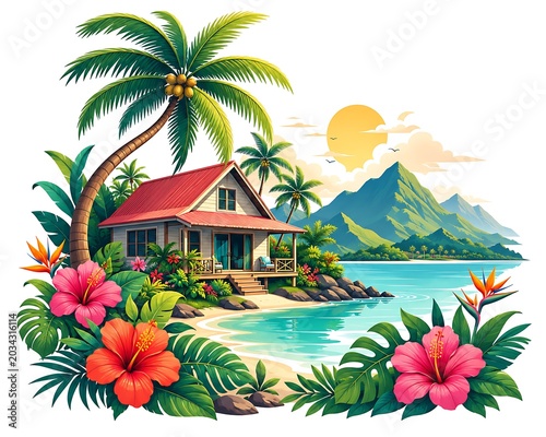 Tropical beach house bungalow with palm trees and hibiscus flowers