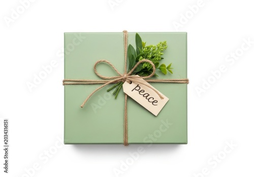Elegant gift box tied with twine and a peace tag isolated on white background