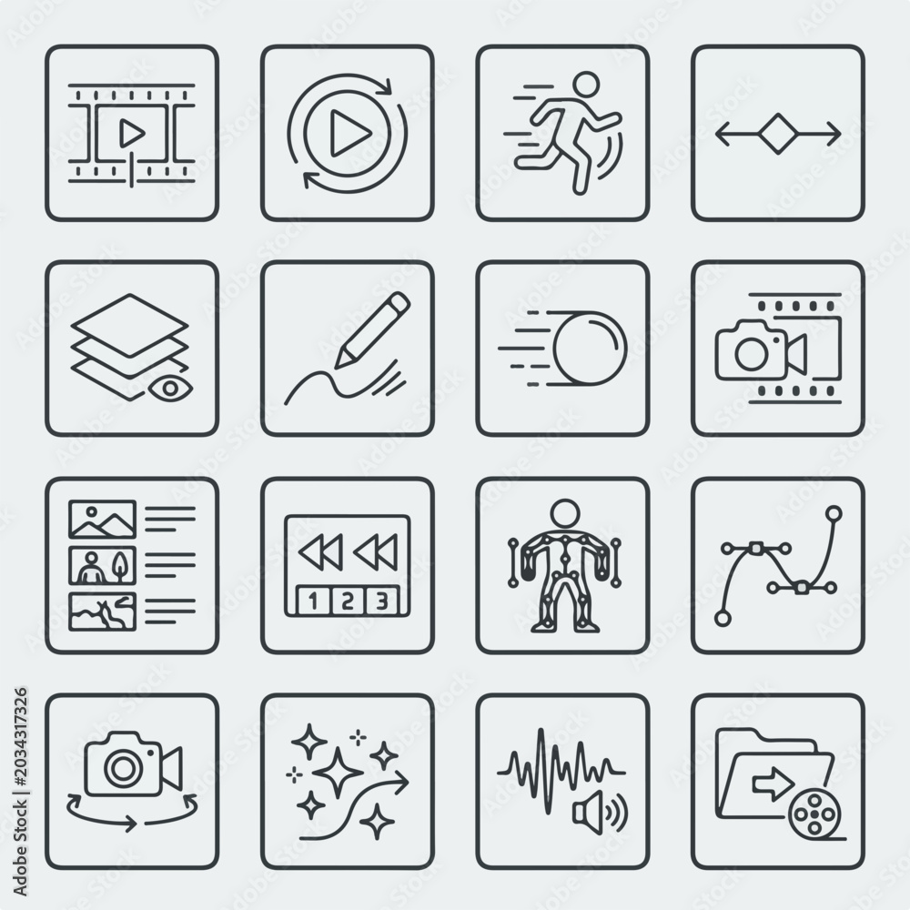 Fototapeta premium Comprehensive Animation and Video Production Line Icon Set