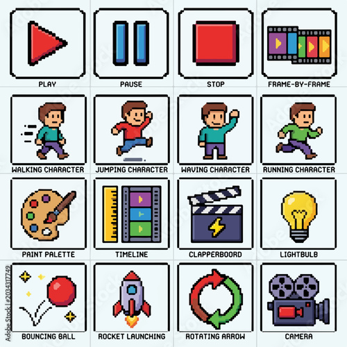 Pixel Art Icon Set for Animation and Video Game Interface