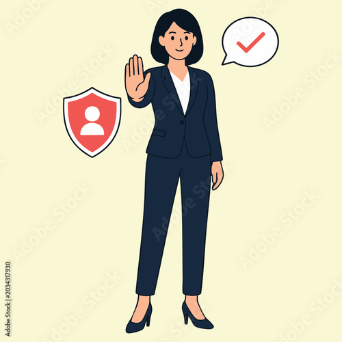 Businesswoman showing stop hand gesture for protection with flat vector illustration of female manager character with shield icon sign protecting boundary isolated on white background
