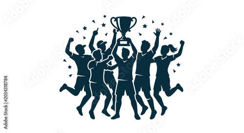 Quadro su tela Team Celebrating With Trophy Black Silhouette On White Background