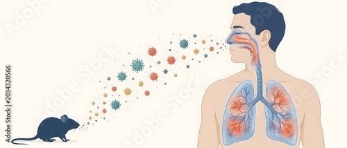 Zoonosis disease transmission, mouse spread of virus and human lungs for medical education. Respiratory system, infection and rodent with bacteria for healthcare, science, biology and research
