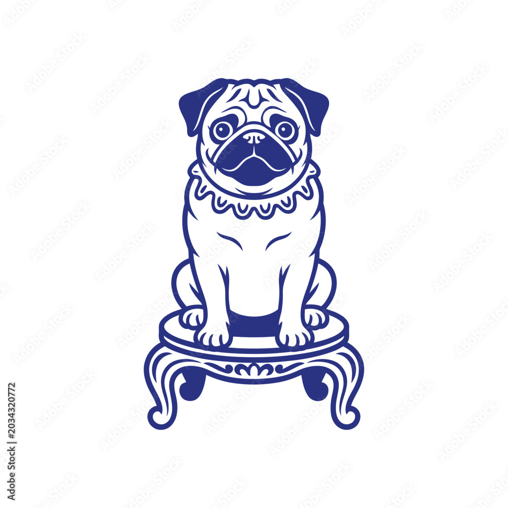 Fototapeta premium pug dog illustration on pedestal blue and white