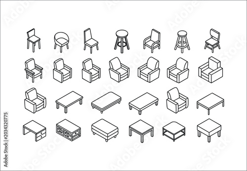 Modern furniture collection, isometric chair and table vector illustration, interior decor line art set for architectural design templates
