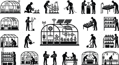 Photos People working in modern greenhouse and farm shop
