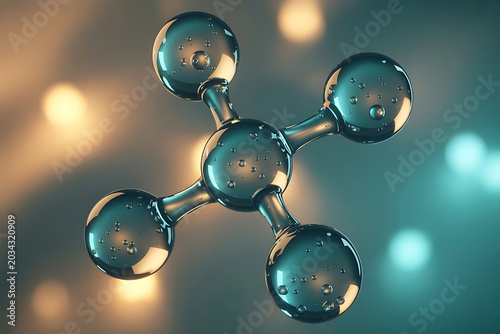 3D Rendered Glossy Molecule Structure Model on Teal Bokeh Background for Science and Chemistry