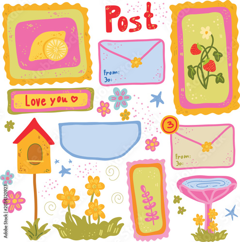 Bright dopamine aesthetic illustration set with cute colorful elements including bird feeder, bird bath, envelopes, postage stamps, flowers, labels, decorative frames