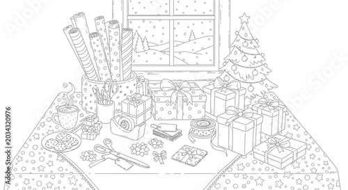 Christmas Gift Wrapping Scene Coloring Page