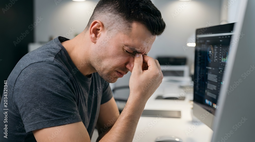 Fototapeta premium Stressed male programmer suffering from severe headache and eye strain while working on computer