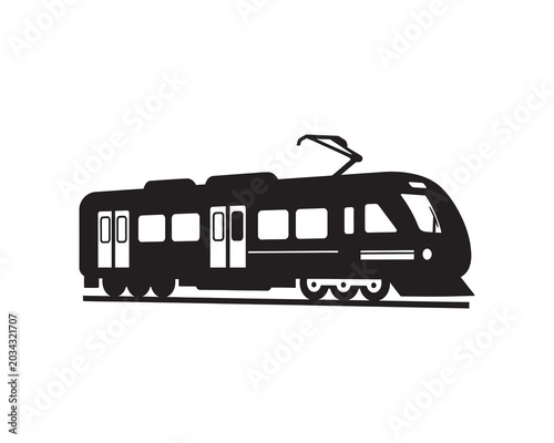 Modern black and silver tram on urban tracks side view illustration