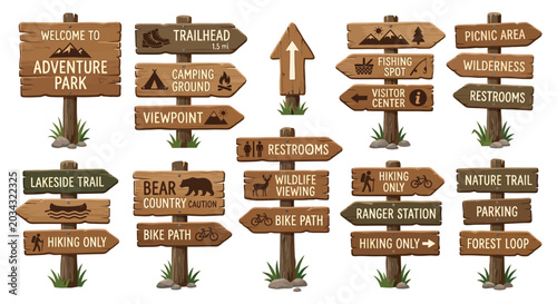 Fotografi Wooden Signposts With Directional Arrows And Pictograms Vector Illustration