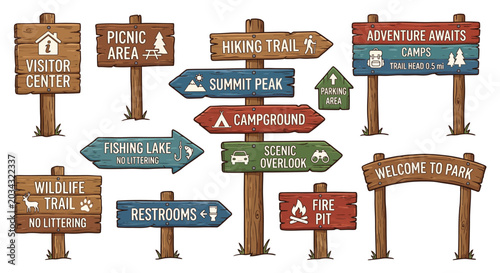 Photos Wooden signposts with directional arrows vector illustration on white background
