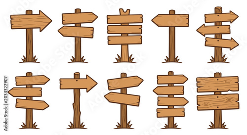 Photos Wooden signposts with directional arrows vector illustration on white background