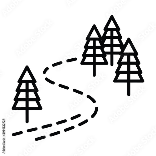 Simple line art icon of pine trees and dotted path for nature hiking trail