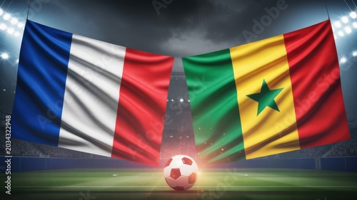 Football stadium with french and senegalese flags and soccer ball ready for match.