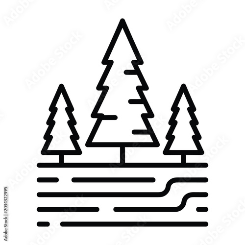 Stylized forest landscape icon with pine trees and water line art design