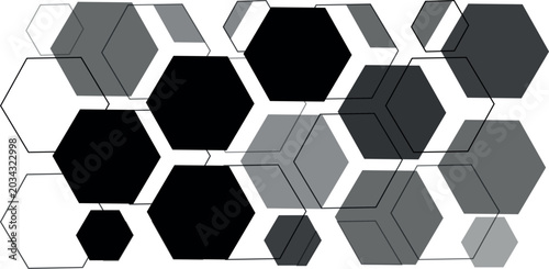 A clean and modern geometric background composed of overlapping hexagons in various shades of gray and black set against a crisp white backdrop. The design features a repeating pattern with some