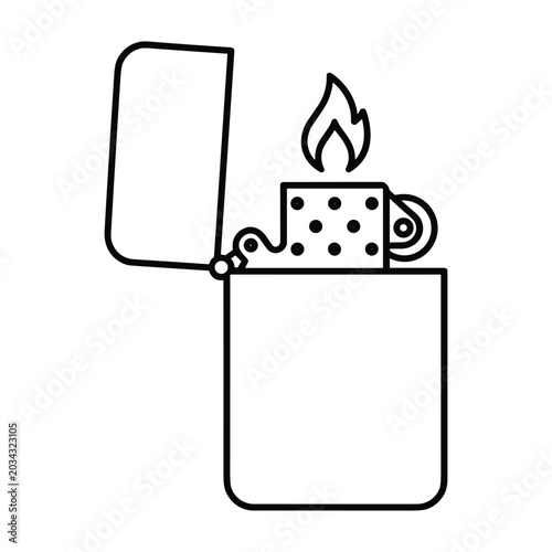 Minimalist outline icon of metal flip lighter with flame for camping gear