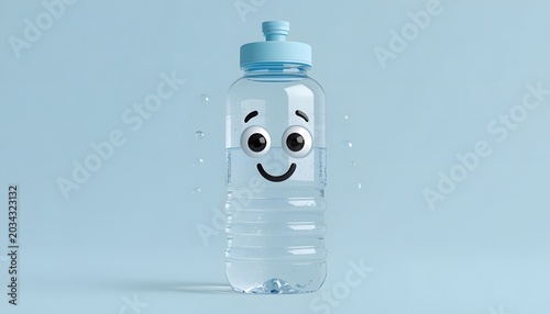 A minimalist 3D rendering of a friendly clear plastic reusable water bottle mascot character featuring expressive eyes, a happy smile, and floating water droplets, standing isolated against a solid cl