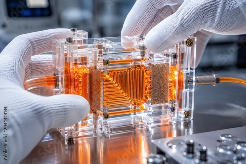 Close up of Hands Assembling Flow Battery Cell