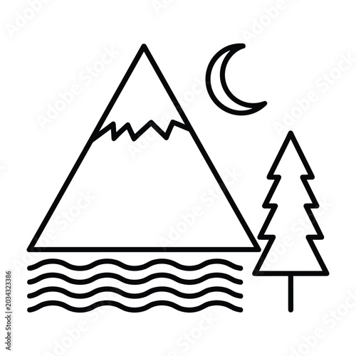 Mountain landscape with night sky and evergreen forest line art icon
