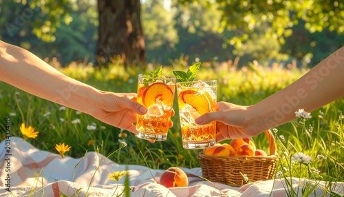 Two friends clinking glasses of sparkling peach iced tea outdoors during a golden hour picnic.

