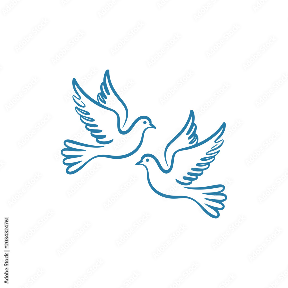 Obraz premium Two doves flying blue line drawing on white background