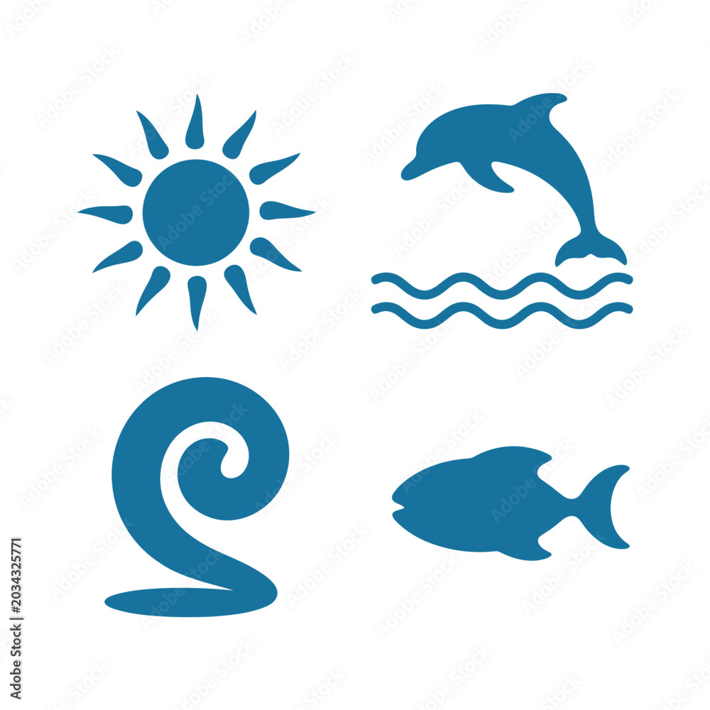 Fototapeta premium marine life icons set with sun dolphin swirl and fish