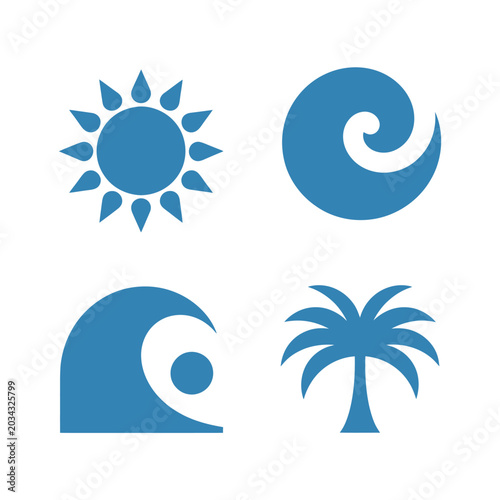 Obraz na plátně summer icons set with sun waves and palm tree flat vector