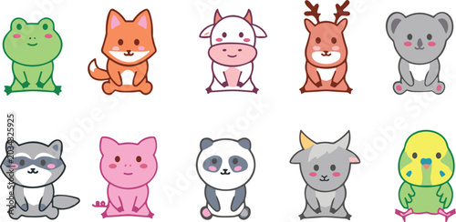 Canvas Print Cute Chibi Animal Vector Icon Set Featuring Kawaii Frog, Fox, Cow, Deer, Koala,