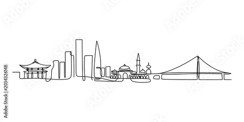 Continuous single line drawing of seoul city skyline featuring traditional palace architecture skyscrapers and a modern suspension bridge Vector, illustration